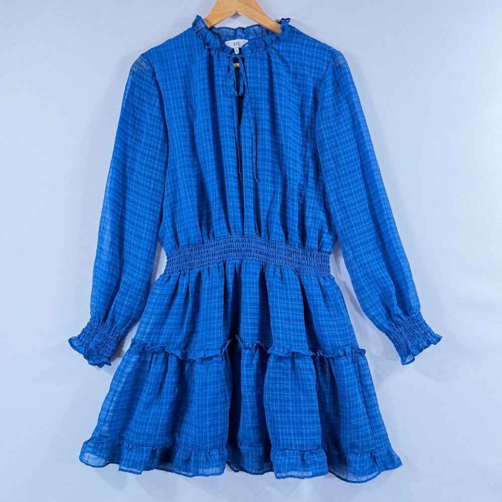 NSR Mini Dress Women Large Blue Plaid Smocked Tiered Ruffle Cottagecore Farmcore